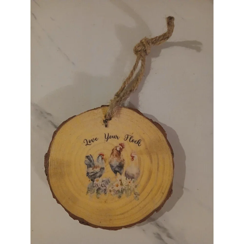 Handmade Woodslice Chicken Ornaments Primitive Cottage Rustic Holiday Gift